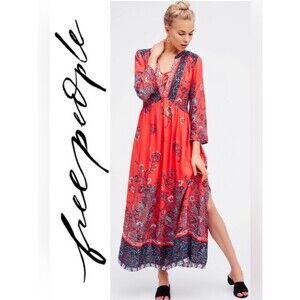 Free People If You Only Knew Maxi Dress Red Boho Peasant Caftan Cottagecore
